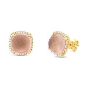 0.17ct Diamond & 6.48ct Rose Quartz 14k Yellow Gold Stud Earring