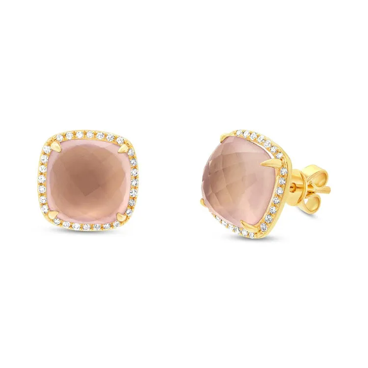 0.17ct Diamond & 6.48ct Rose Quartz 14k Yellow Gold Stud Earring