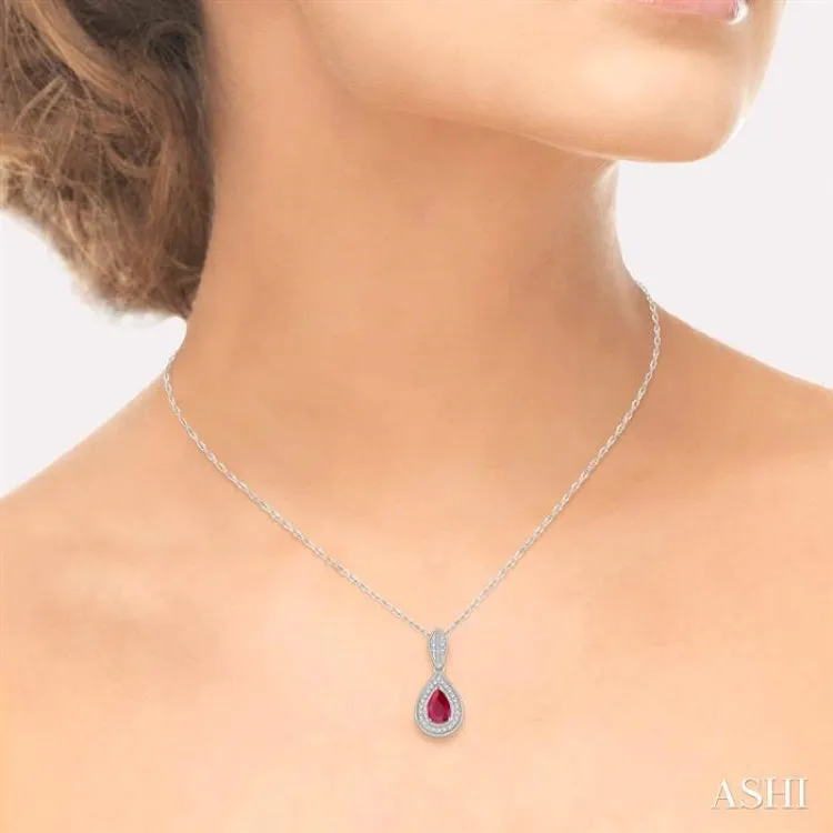 1/10 Ctw Pear Shape 6x4mm Ruby & Round Cut Diamond Precious Pendant With Chain in 10K White Gold