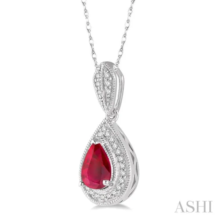 1/10 Ctw Pear Shape 6x4mm Ruby & Round Cut Diamond Precious Pendant With Chain in 10K White Gold