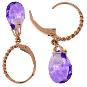 14K Solid Rose Gold Leverback Earrings Briolette Amethyst Jewelry