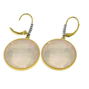14K Solid Yellow Gold Diamonds Leverback Earrings w/ Checkerboard Cut Rose Quartz