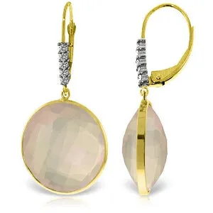 14K Solid Yellow Gold Diamonds Leverback Earrings w/ Checkerboard Cut Rose Quartz