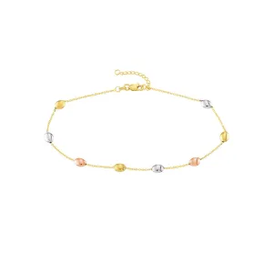 14K Tri-Color Gold Satin and Polished Bead Adjustable Anklet
