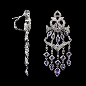 14K White Gold Estate Amethyst and Diamond Drop Earrings