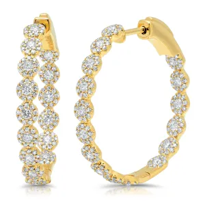 14K Yellow Gold Diamond Hoop Earrings with Circles, 1.15 inch