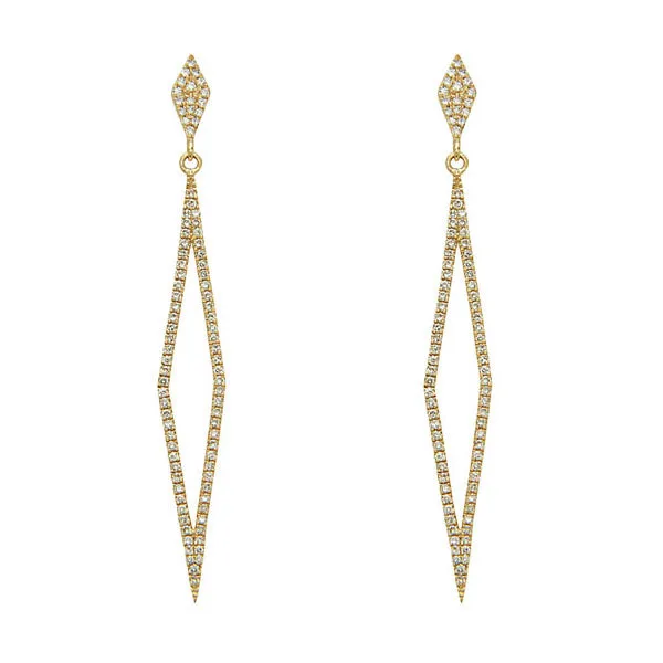 14k Yellow Gold Elongated Diamond Shaped Pave Diamond Dangle Earrings (I8428)