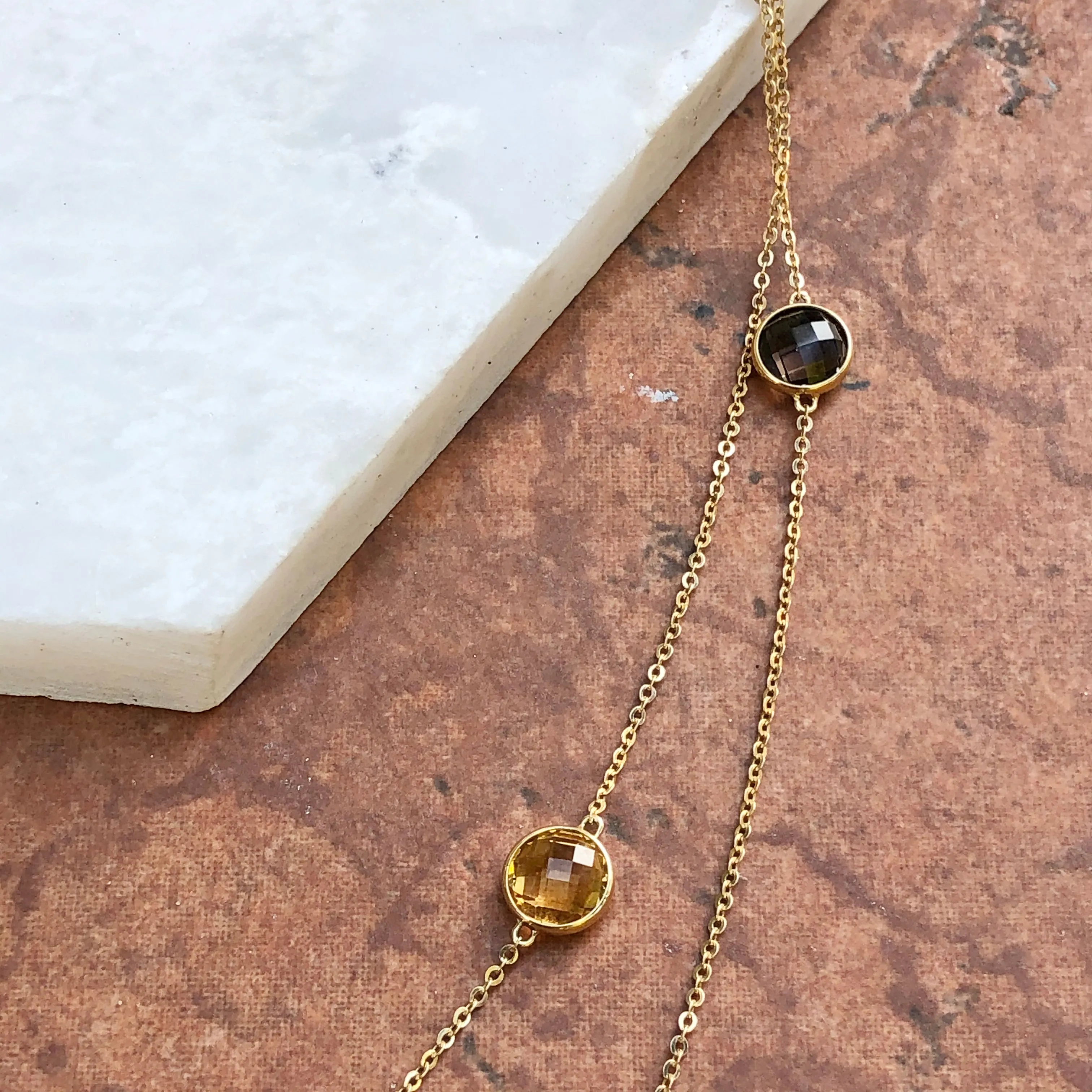 14KT Yellow Gold Citrine   Smokey Quartz Gemstones Chain Link Necklace 40"