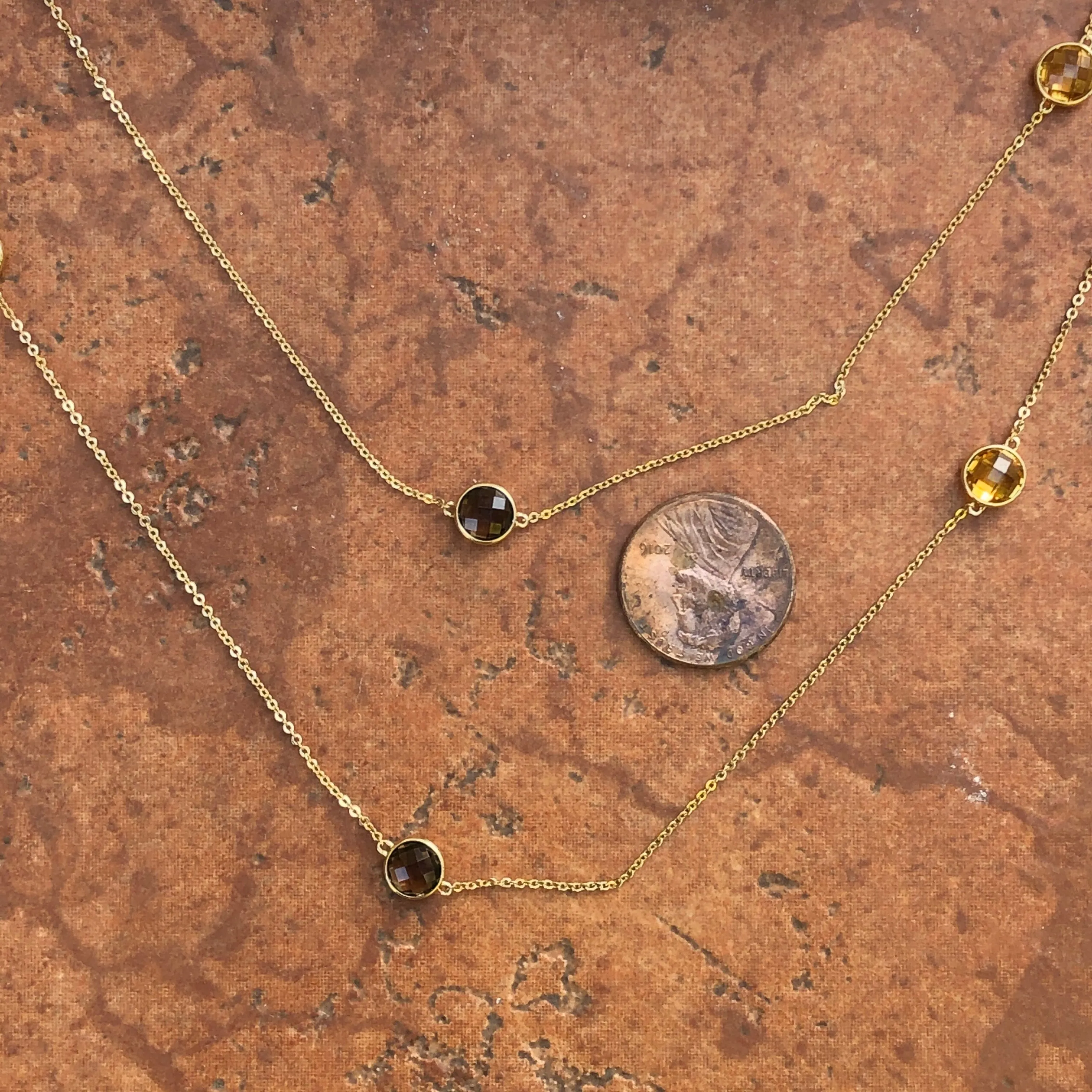 14KT Yellow Gold Citrine   Smokey Quartz Gemstones Chain Link Necklace 40"