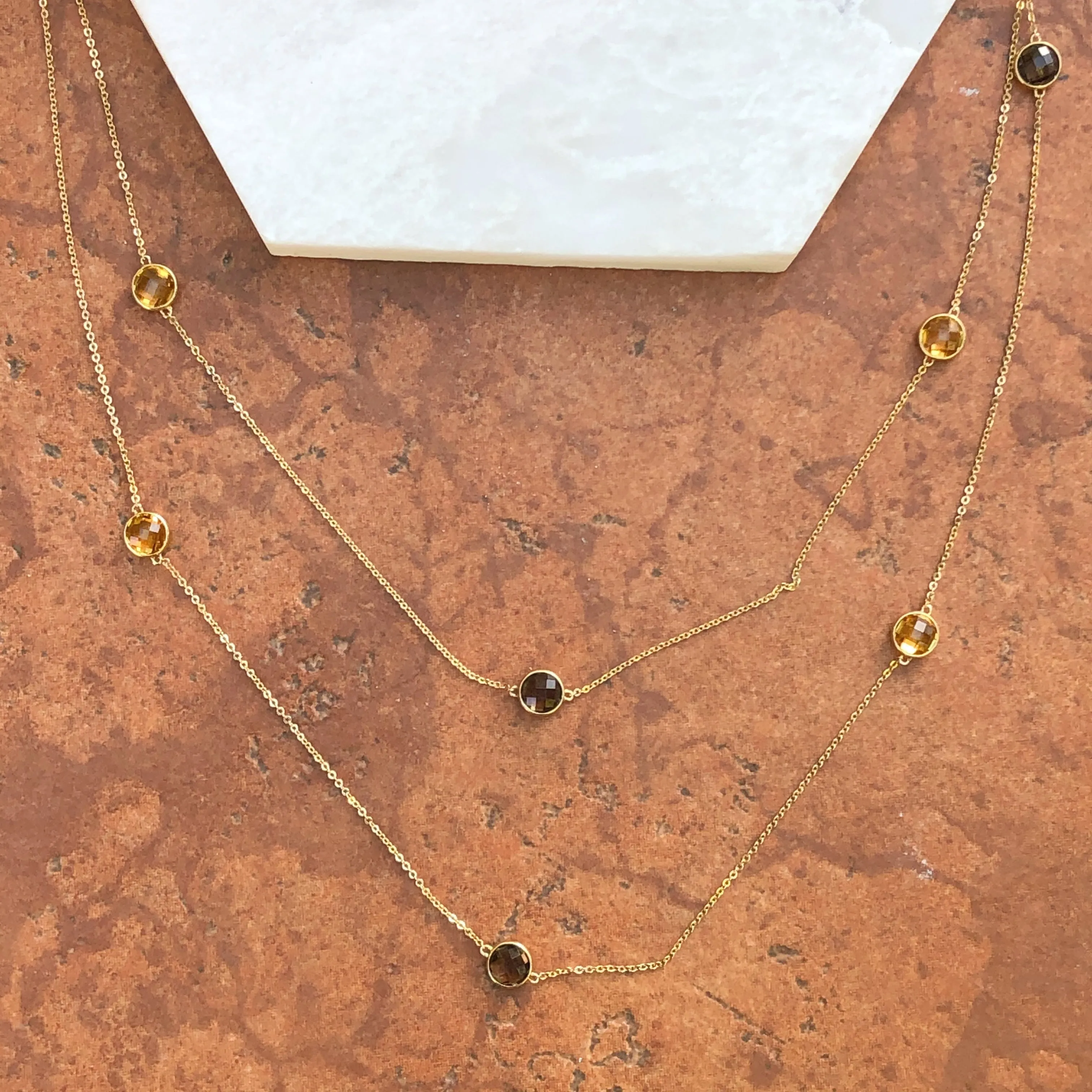 14KT Yellow Gold Citrine   Smokey Quartz Gemstones Chain Link Necklace 40"