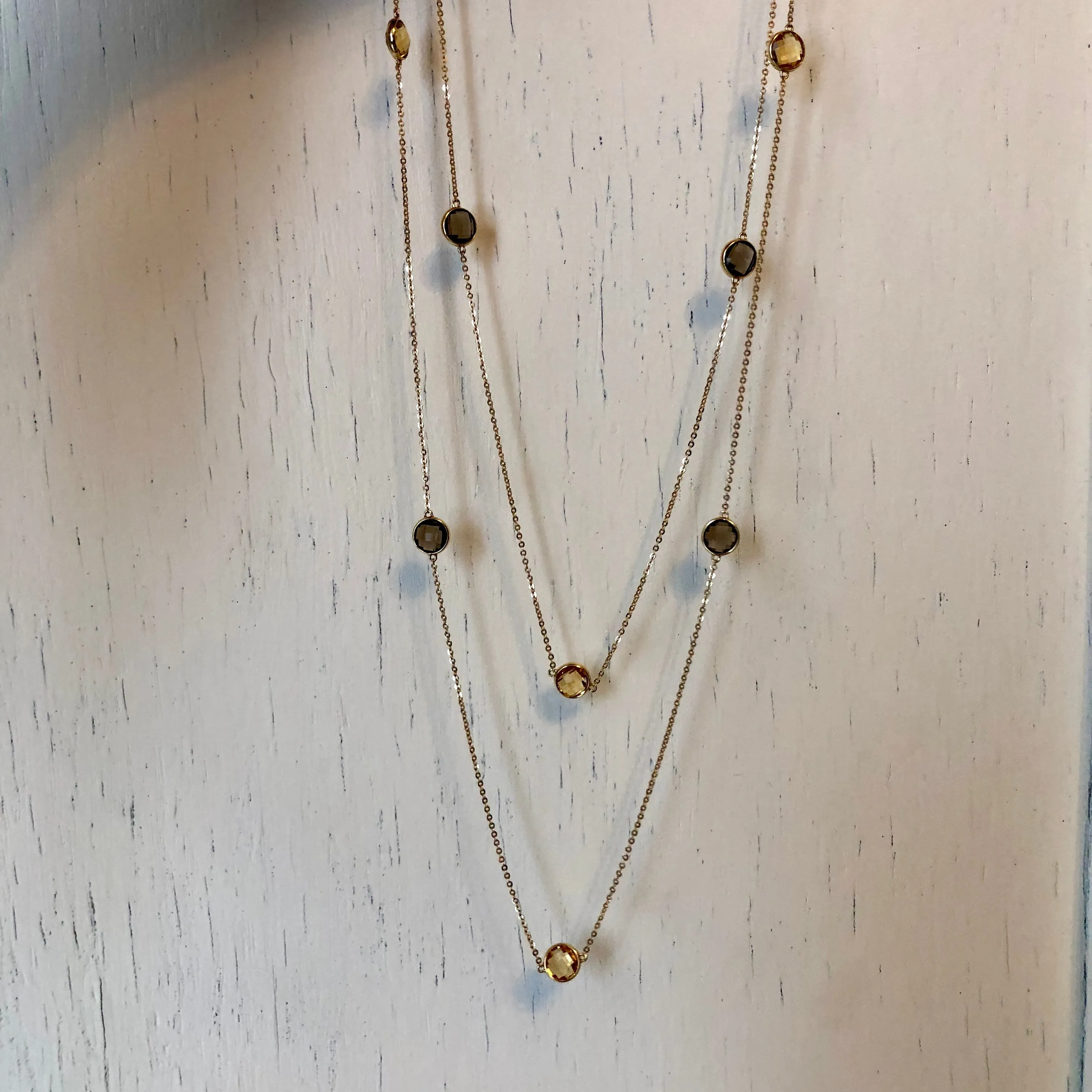 14KT Yellow Gold Citrine   Smokey Quartz Gemstones Chain Link Necklace 40"