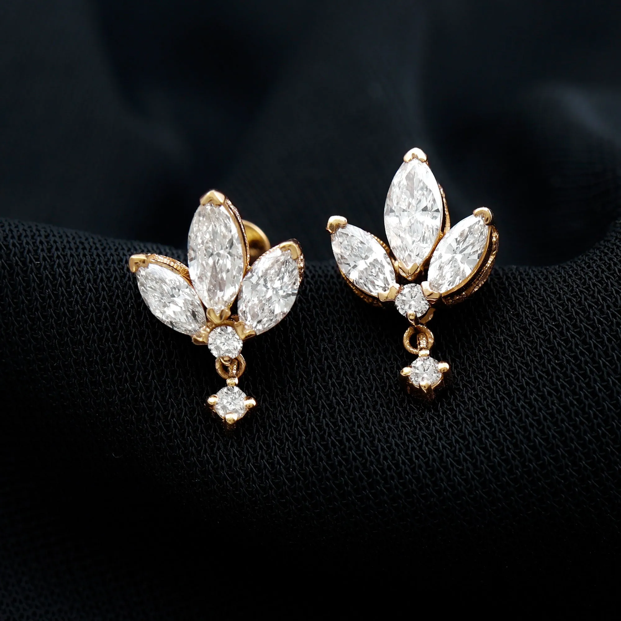 1.75 CT Marquise and Round Cut Diamond Stud Drop Earrings