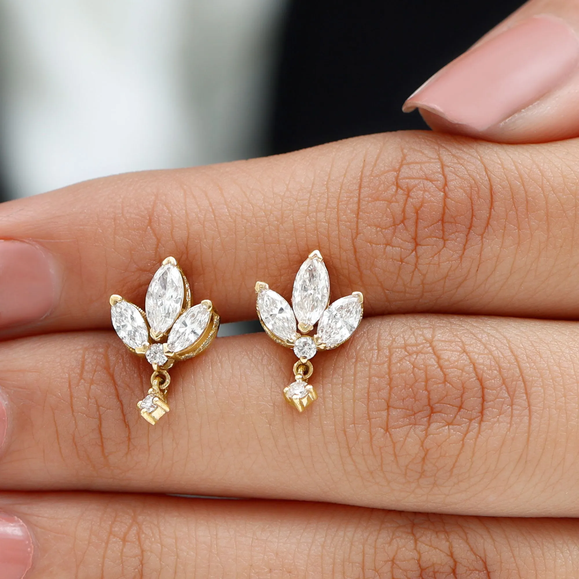 1.75 CT Marquise and Round Cut Diamond Stud Drop Earrings