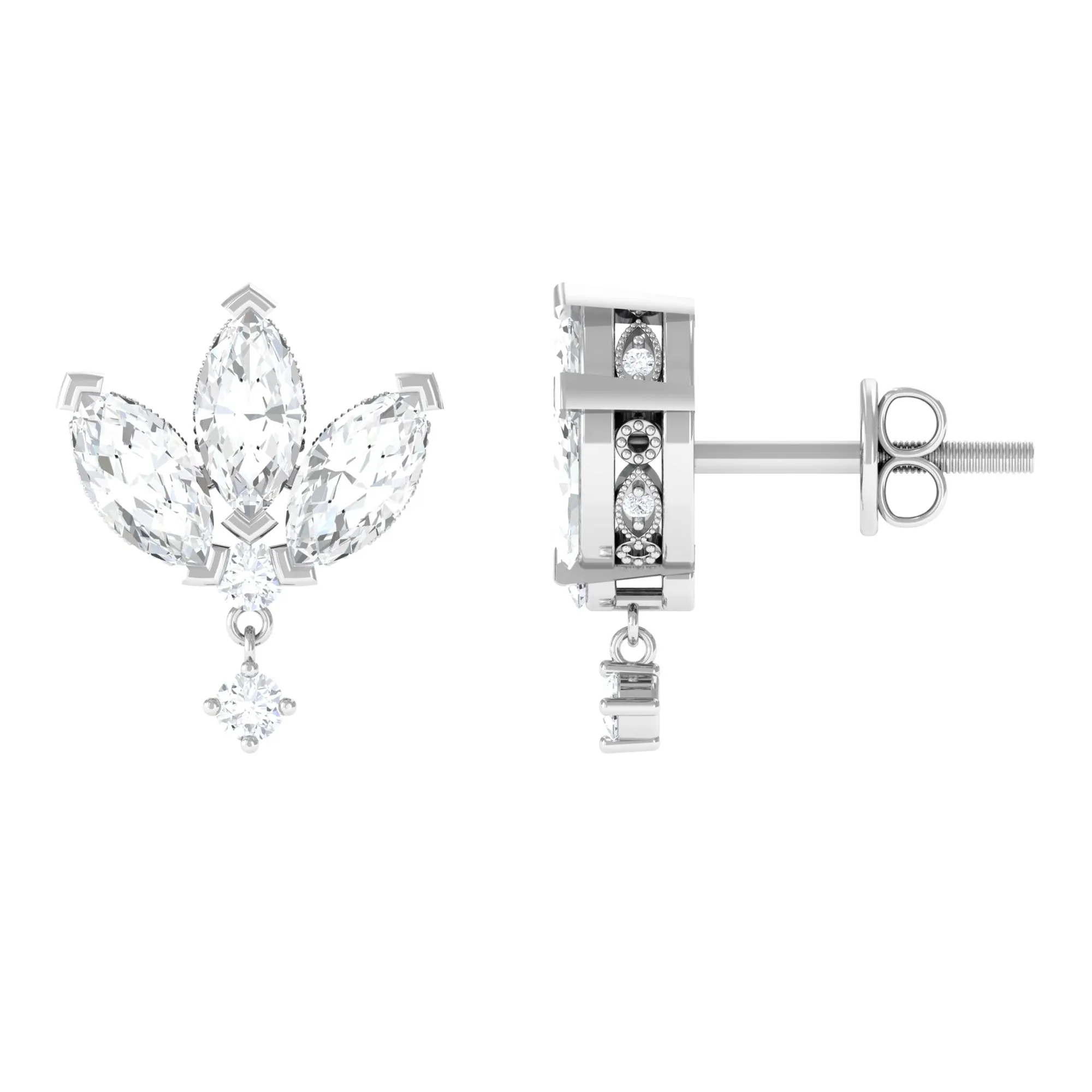 1.75 CT Marquise and Round Cut Diamond Stud Drop Earrings
