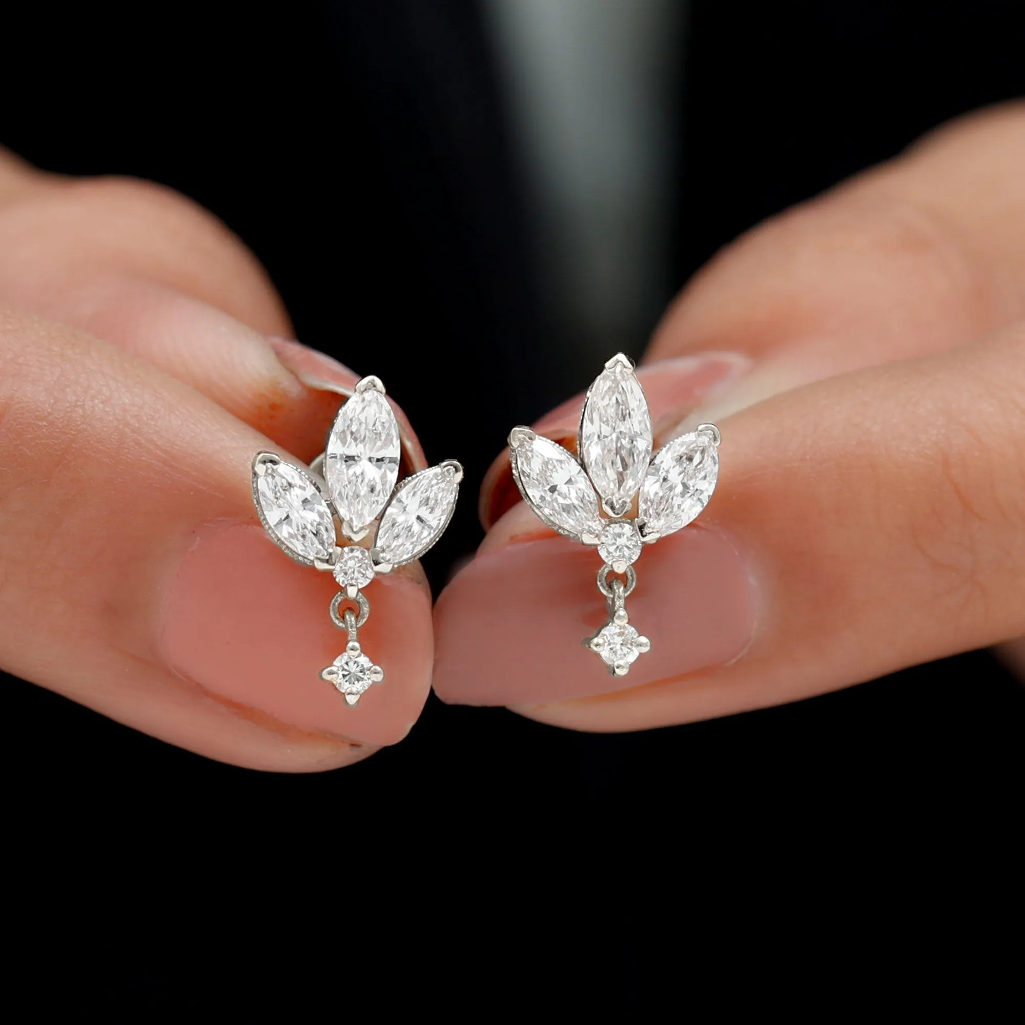 1.75 CT Marquise and Round Cut Diamond Stud Drop Earrings