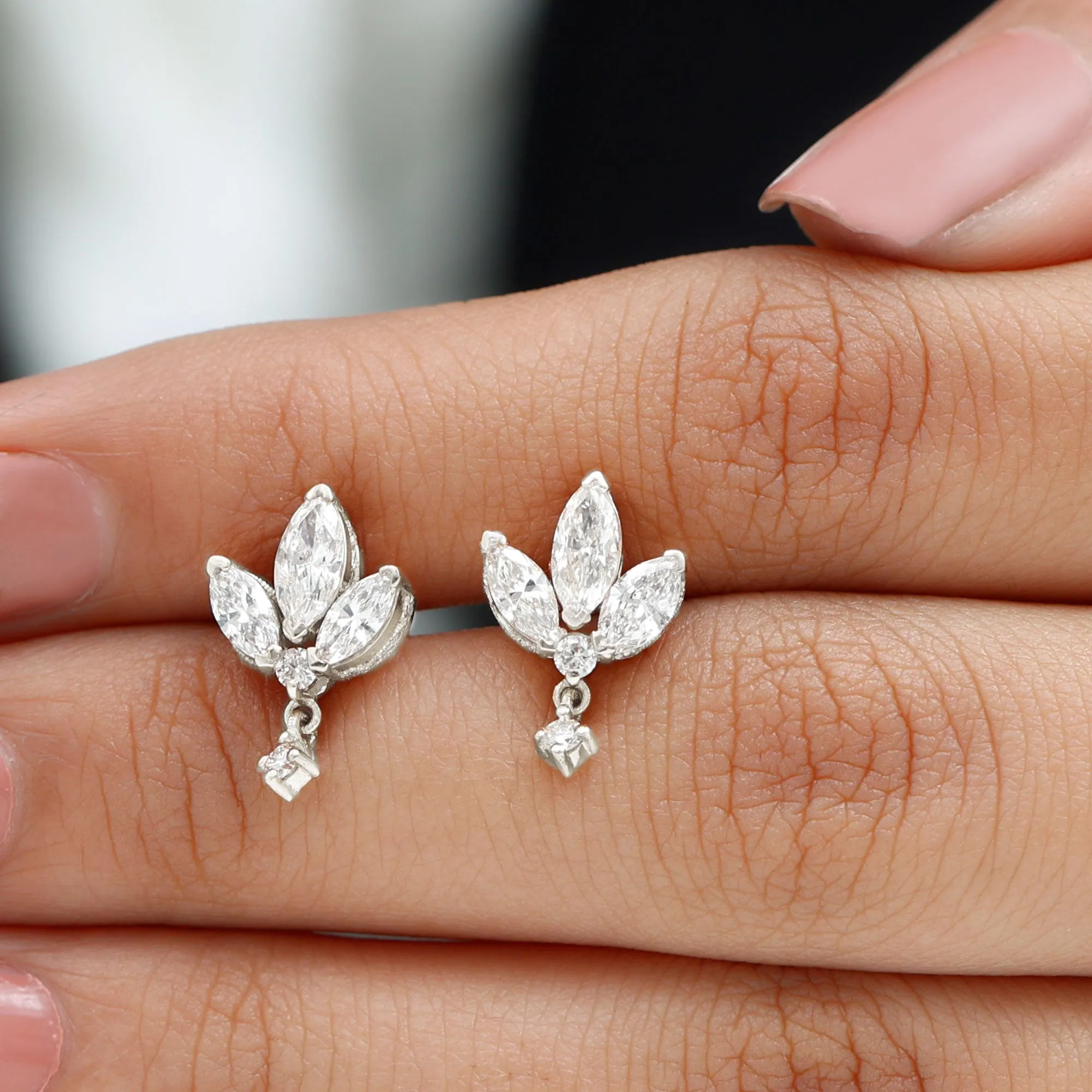 1.75 CT Marquise and Round Cut Diamond Stud Drop Earrings