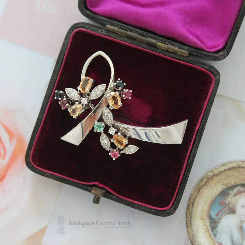 18ct White Gold Multi Gem Ribbon Brooch