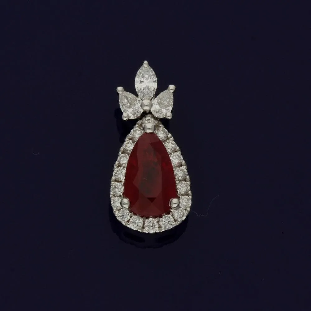 18ct White Gold Ruby and Diamond Tear-drop Pendant