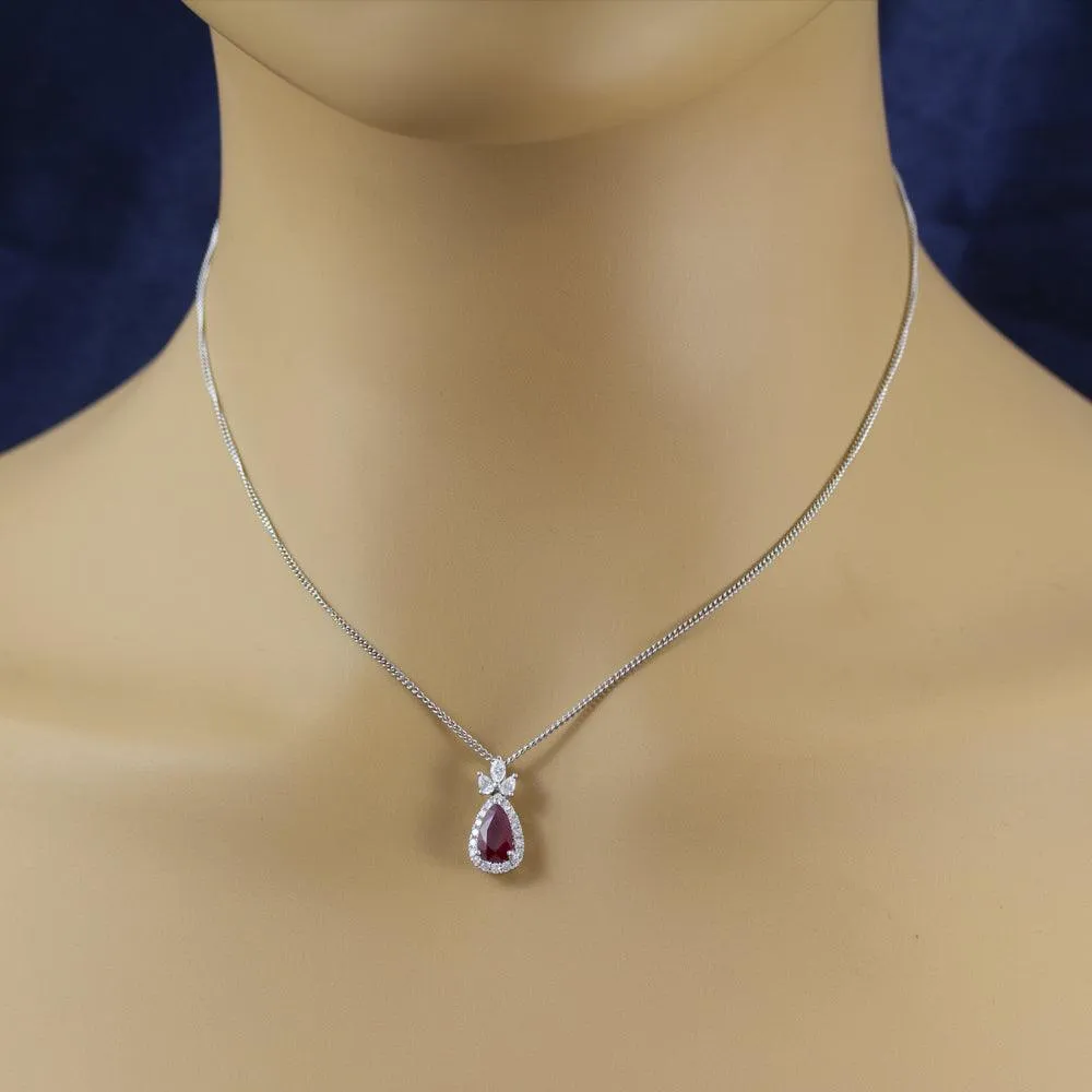 18ct White Gold Ruby and Diamond Tear-drop Pendant