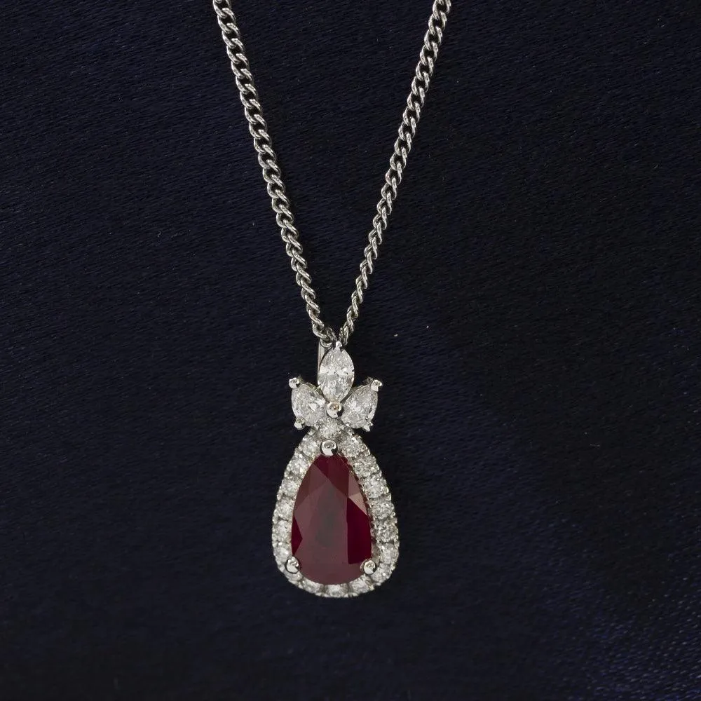 18ct White Gold Ruby and Diamond Tear-drop Pendant