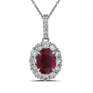18K White Gold Oval Ruby with Diamond Halo Pendant