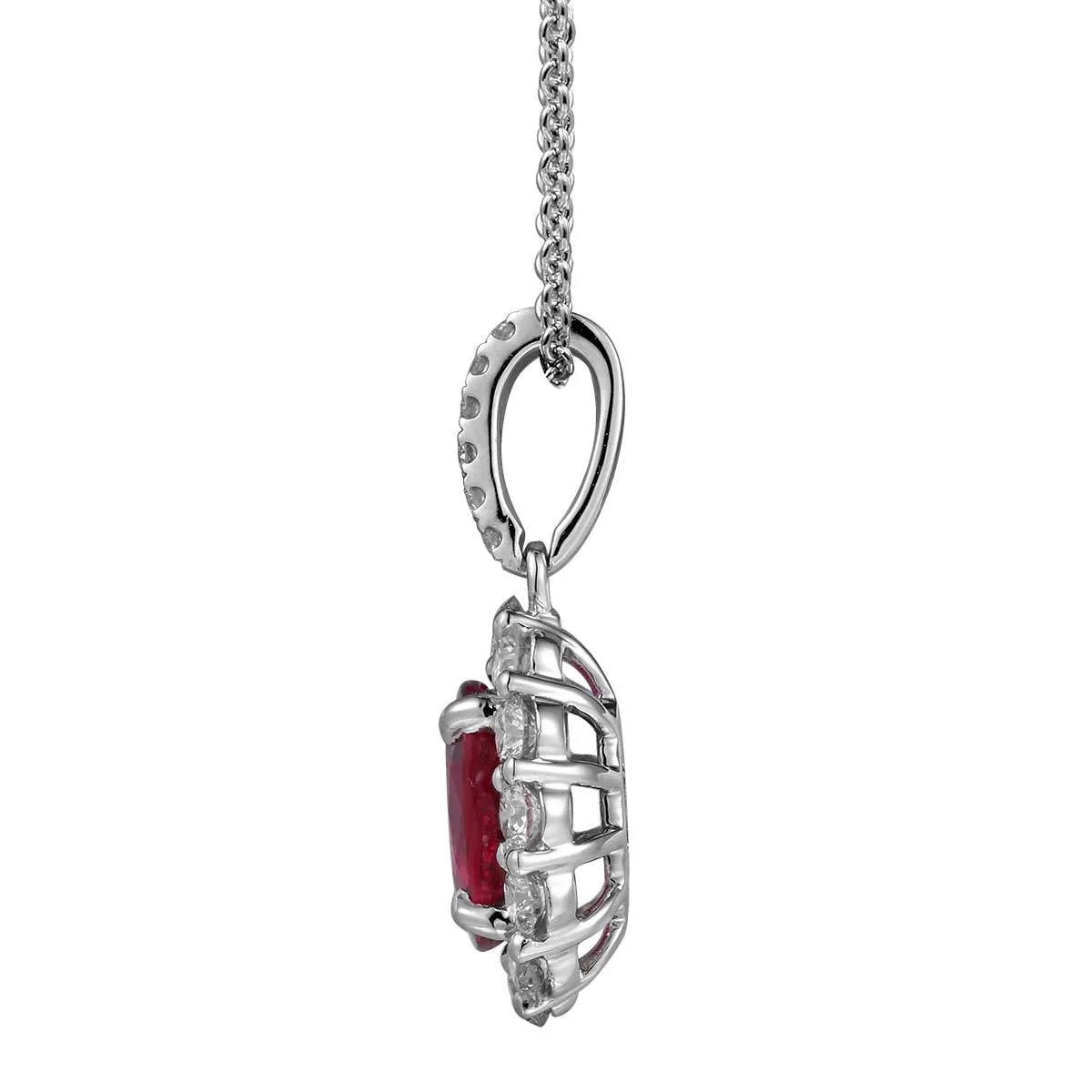 18K White Gold Oval Ruby with Diamond Halo Pendant