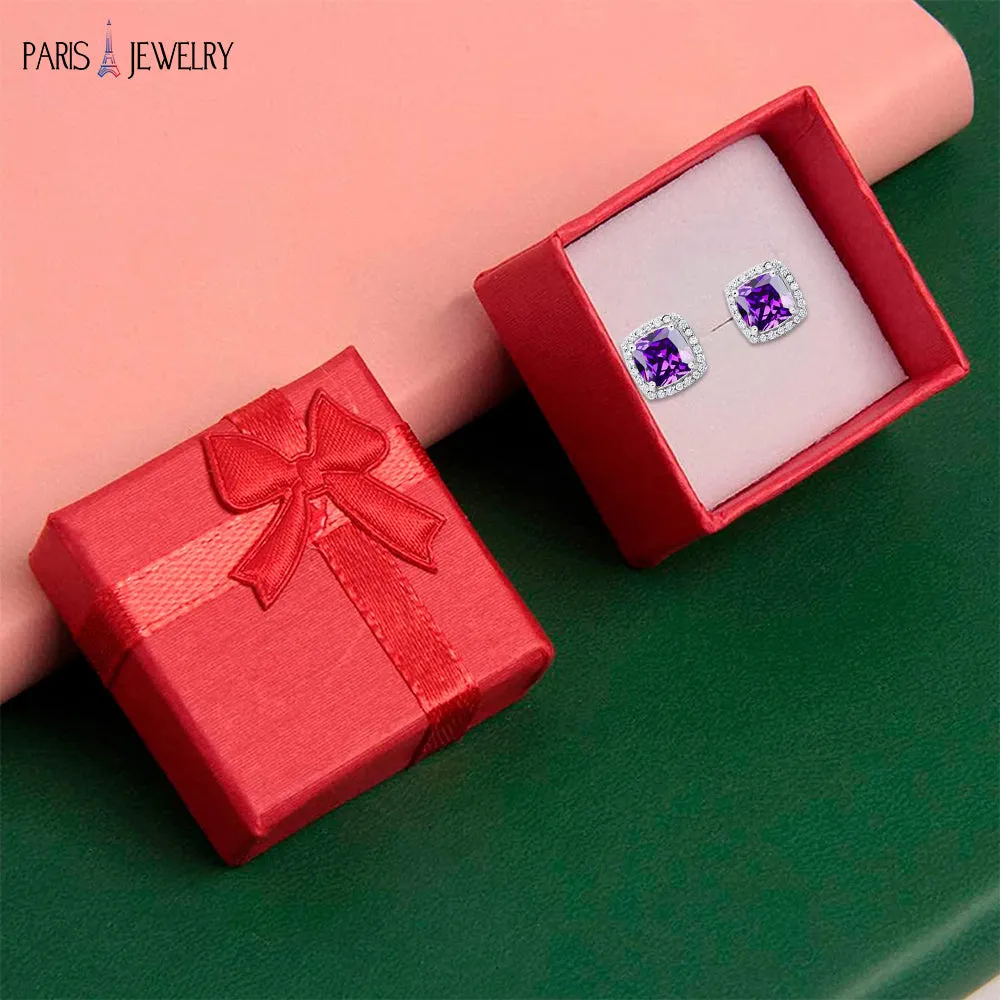 18k White Gold Plated 2 Ct Created Halo Princess Cut CZ Amethyst Stud Earrings