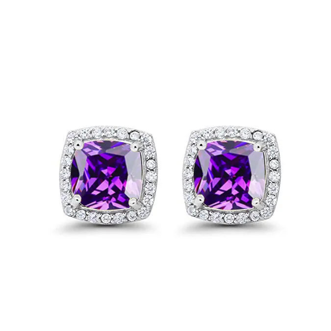 18k White Gold Plated 2 Ct Created Halo Princess Cut CZ Amethyst Stud Earrings