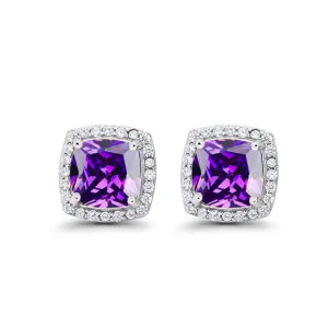 18k White Gold Plated 2 Ct Created Halo Princess Cut CZ Amethyst Stud Earrings