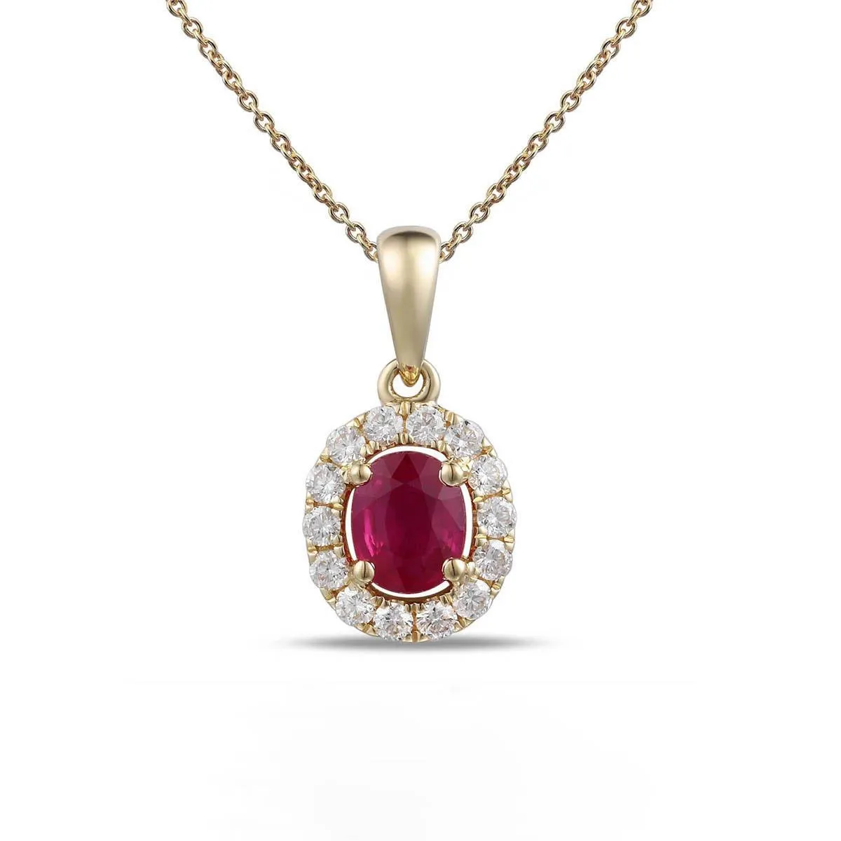 18K Yellow Gold Oval Ruby with Diamond Halo Pendant