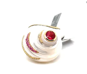 18KY Custom Ruby and Sapphire and Diamond Shell Fashion Ring