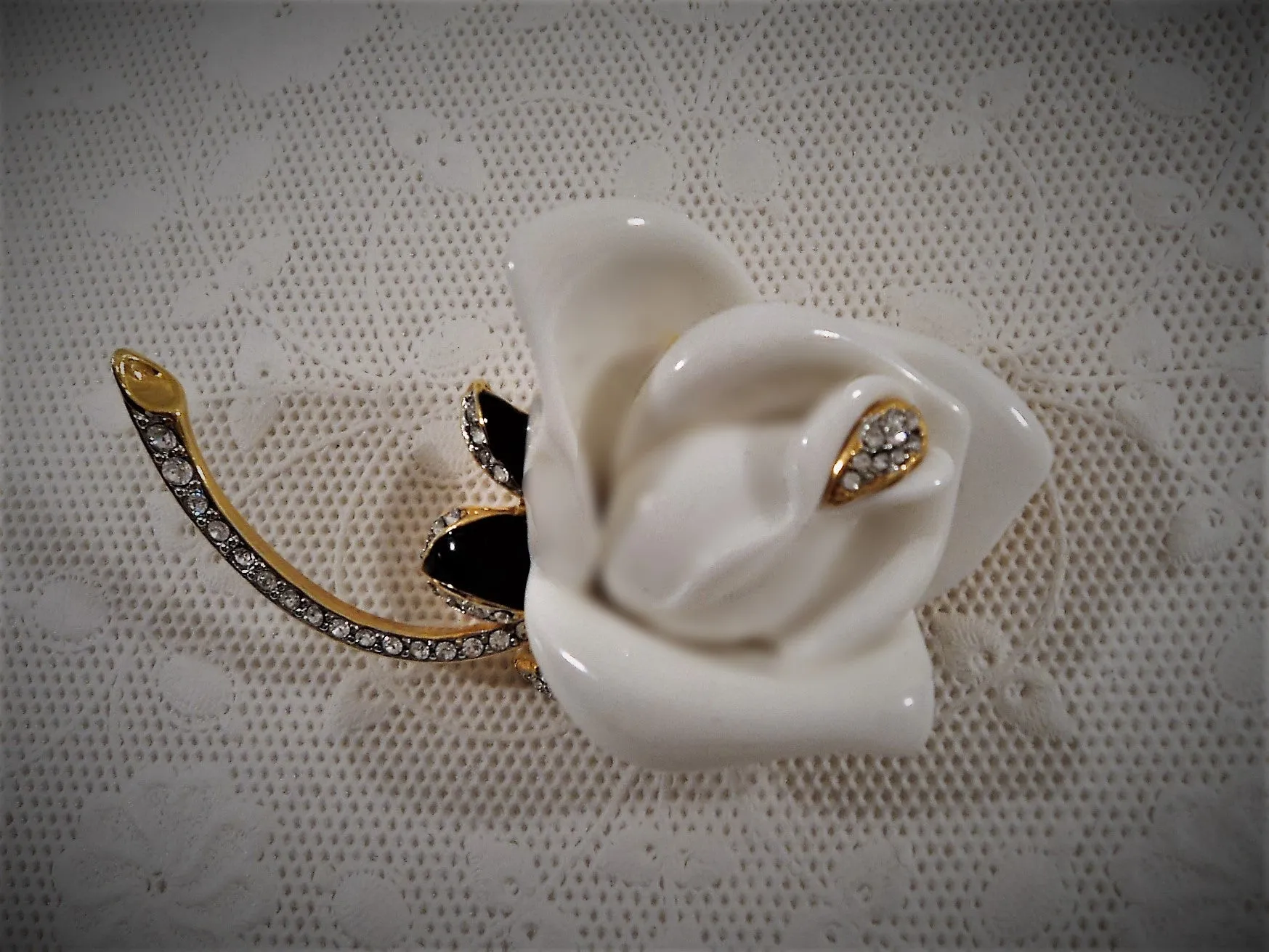 1980s Kenneth Jay Lane White Enamel Rose Brooch