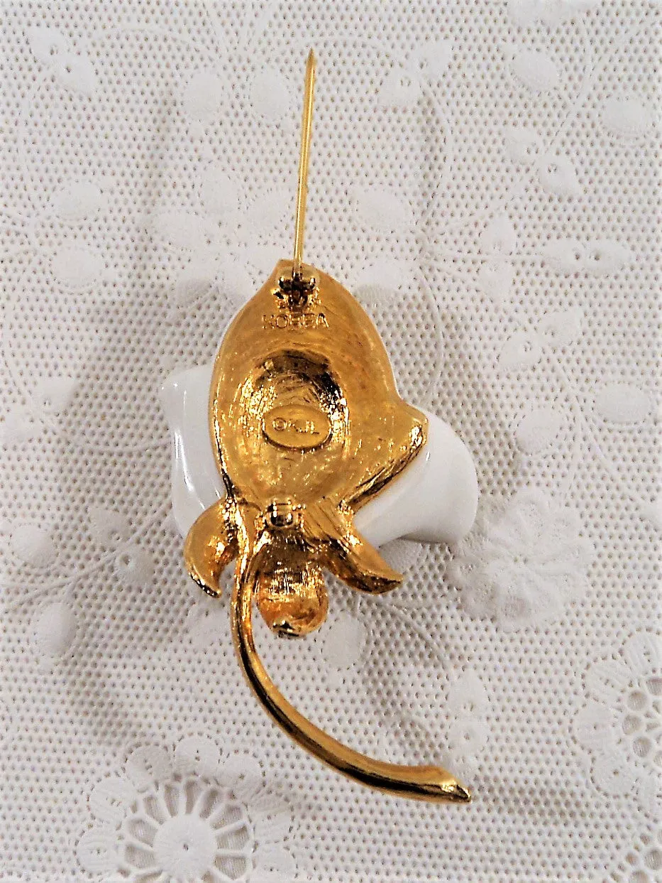 1980s Kenneth Jay Lane White Enamel Rose Brooch
