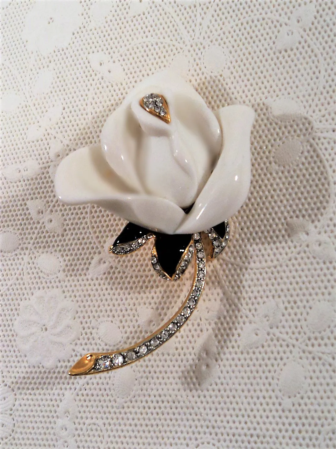 1980s Kenneth Jay Lane White Enamel Rose Brooch
