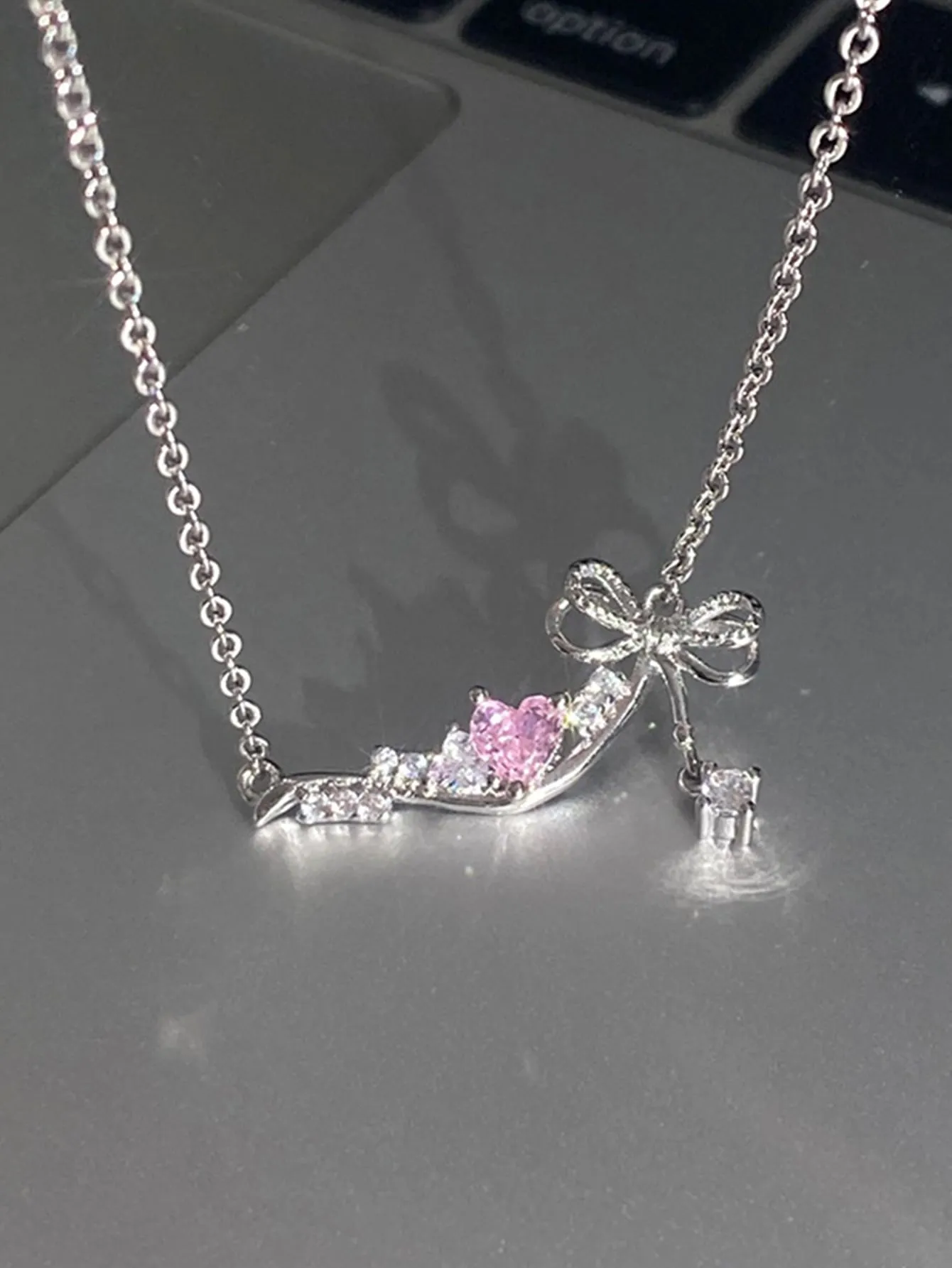 1pc Titanium Steel Heart Pink Zircon Bow Knot Ladies Necklace Dating Gift