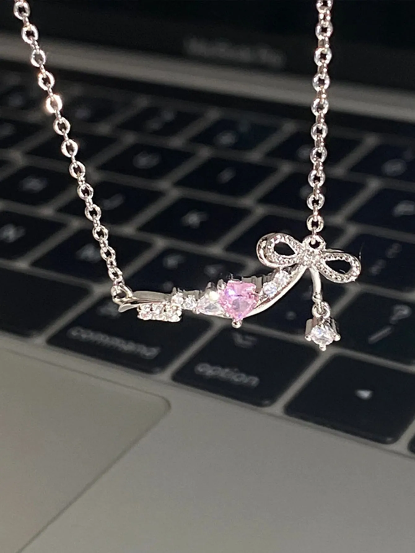 1pc Titanium Steel Heart Pink Zircon Bow Knot Ladies Necklace Dating Gift