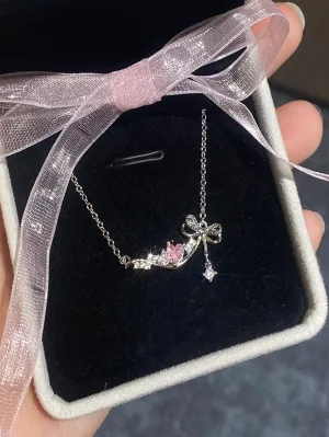 1pc Titanium Steel Heart Pink Zircon Bow Knot Ladies Necklace Dating Gift