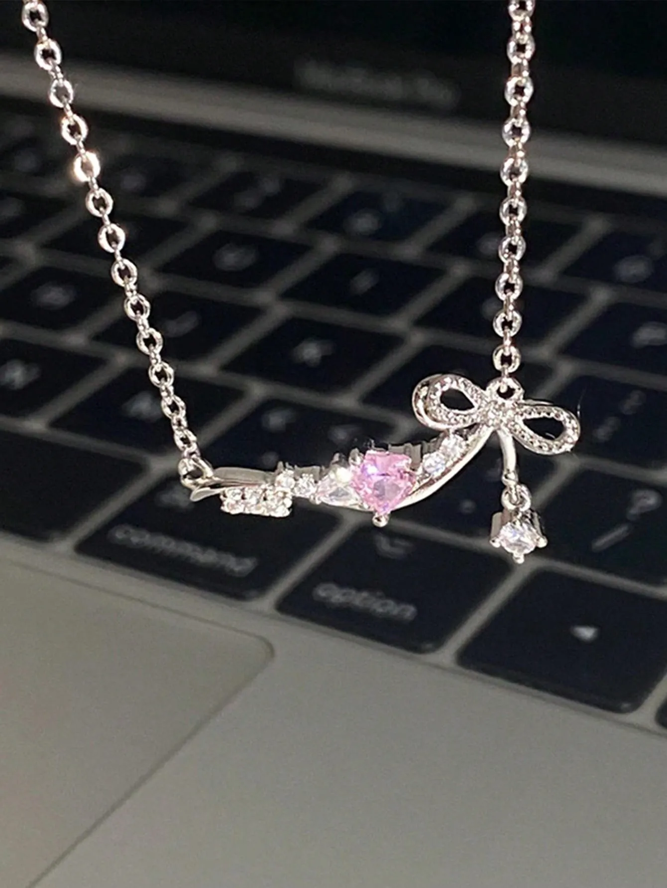 1pc Titanium Steel Heart Pink Zircon Bow Knot Ladies Necklace Dating Gift