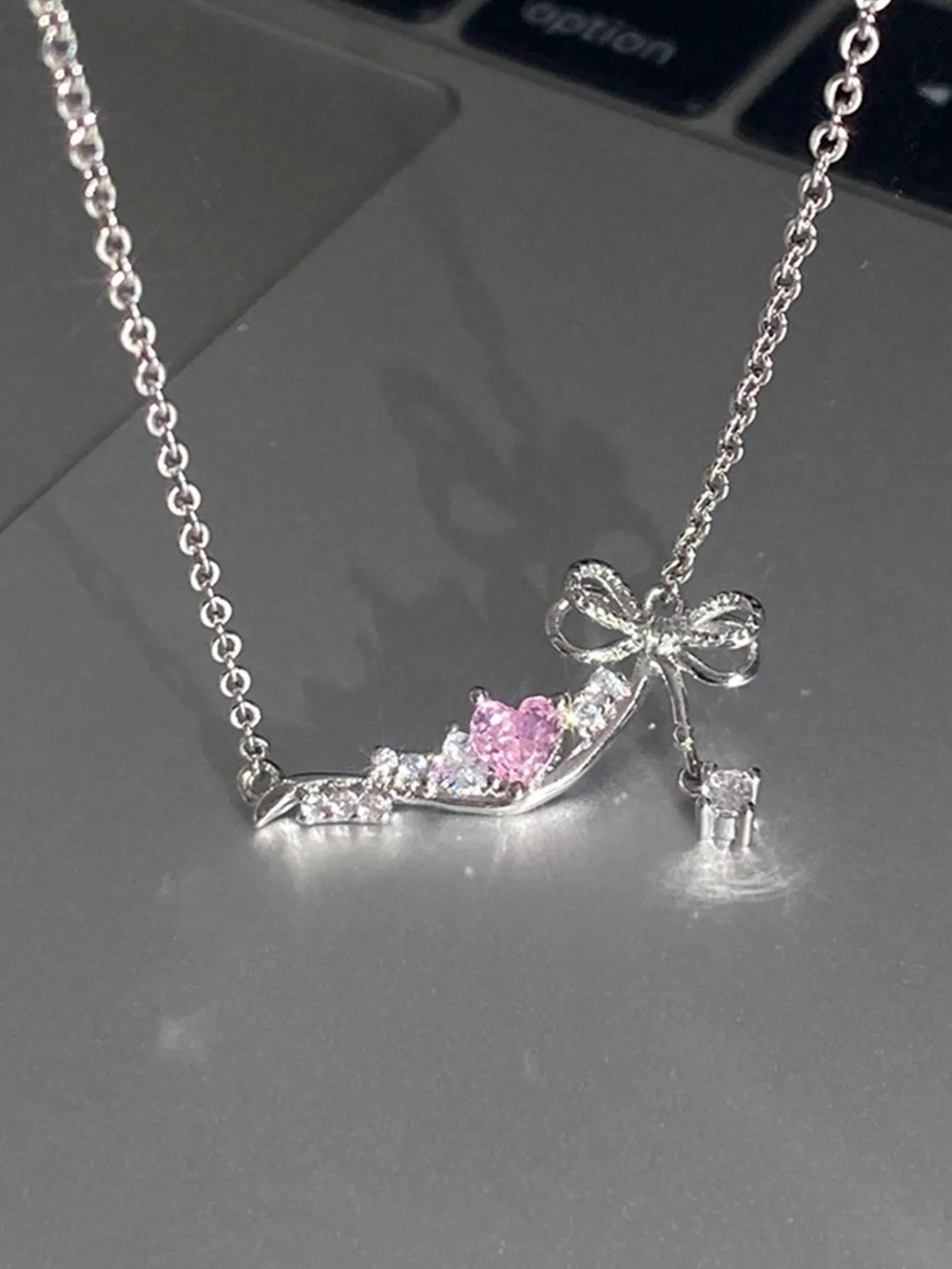 1pc Titanium Steel Heart Pink Zircon Bow Knot Ladies Necklace Dating Gift