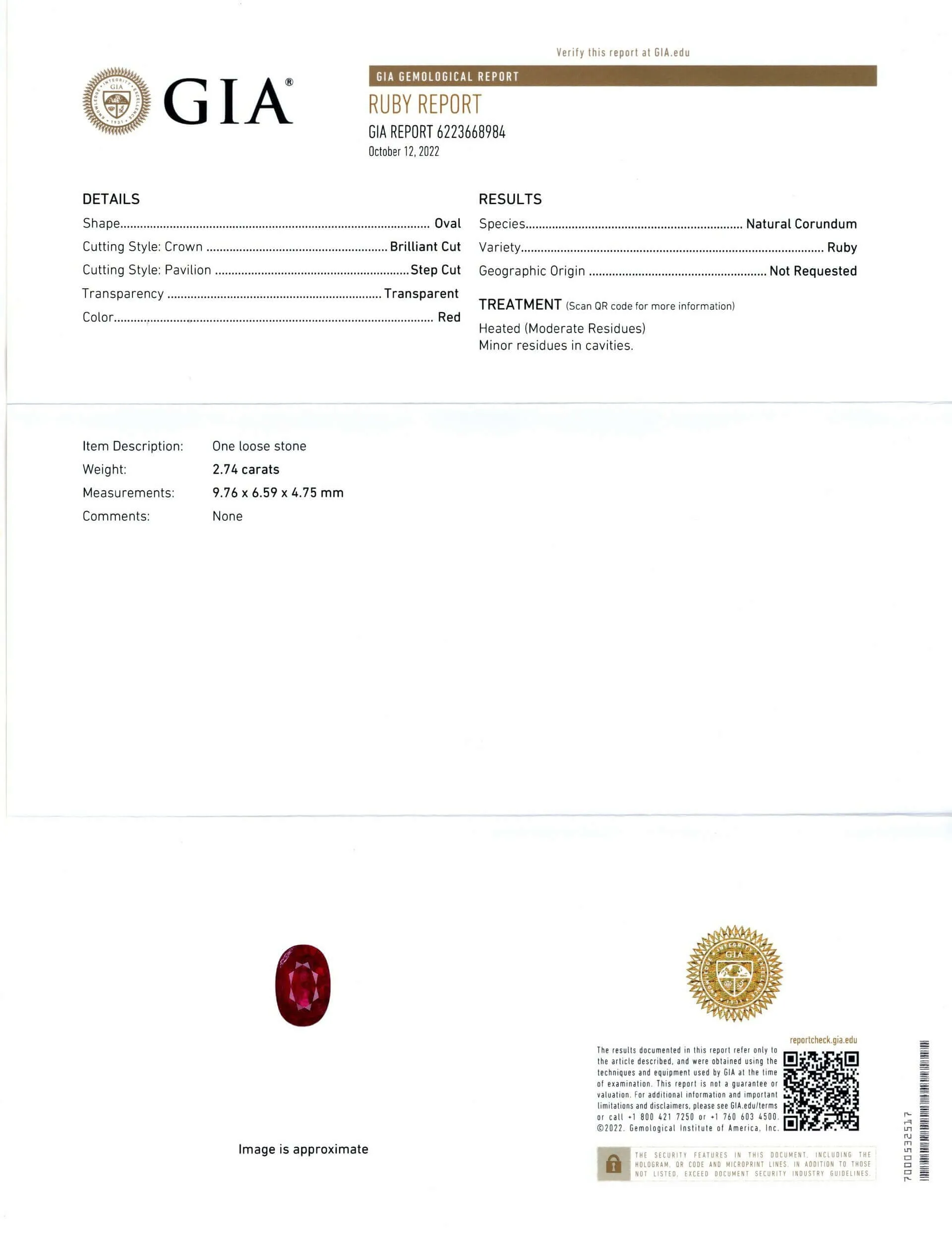 2.74ct GIA CERTIFIED RUBY RICH RED OVAL CUSHION SHAPE CUT NATURAL LOOSE 2.75ct
