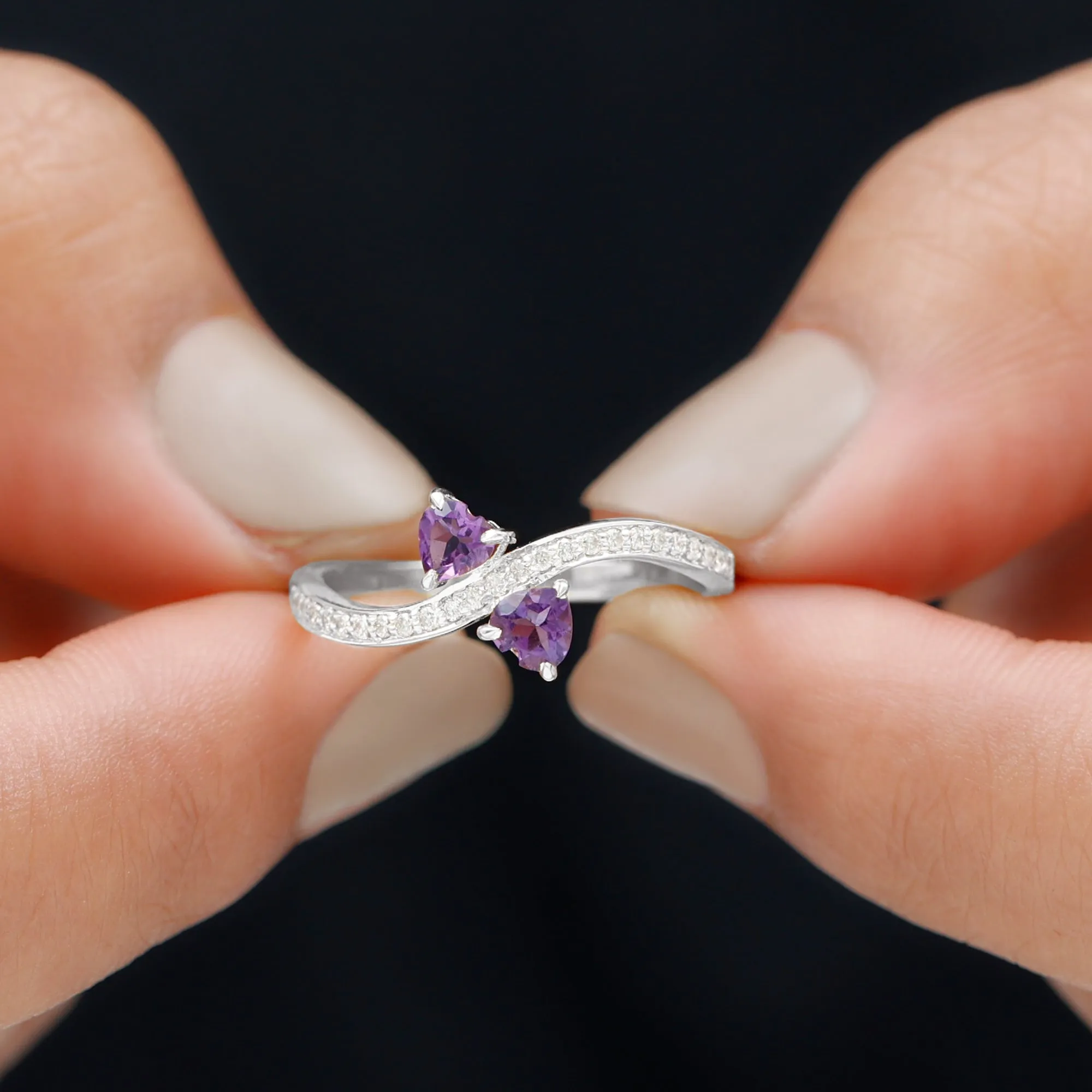 3/4 CT Heart Shape Amethyst Two Stone Engagement Ring with Diamond