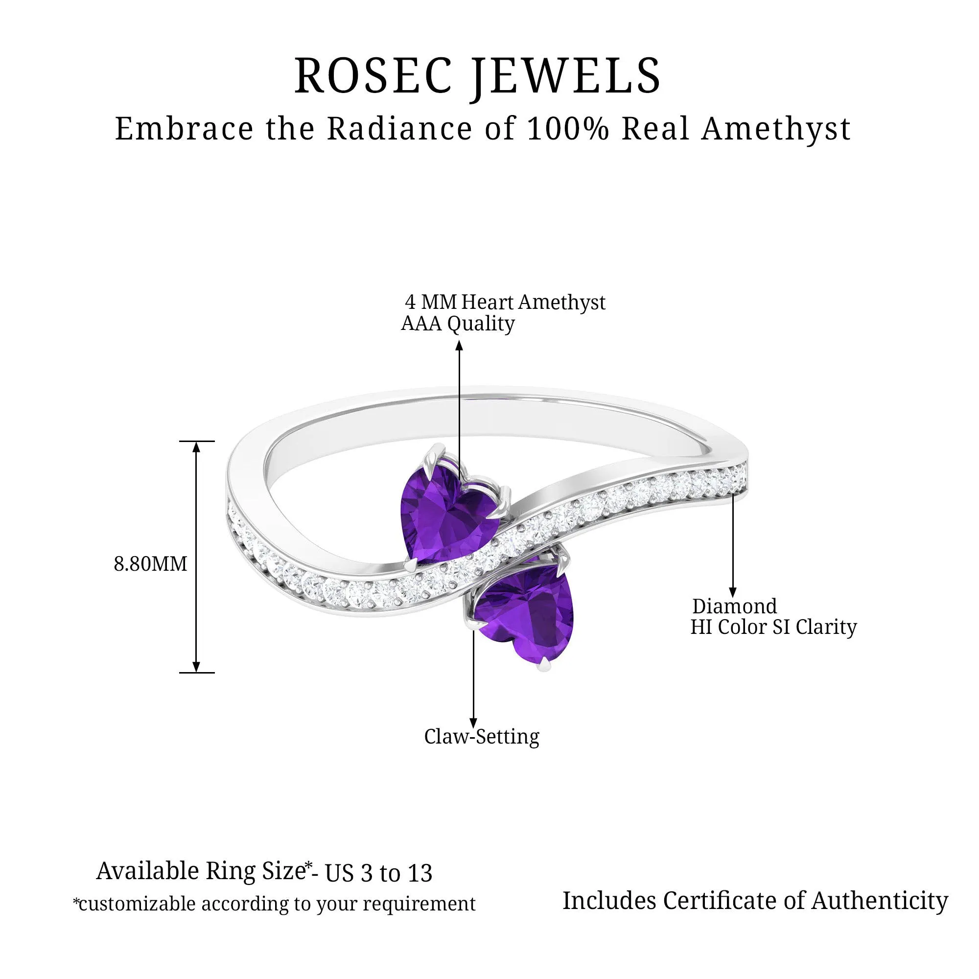 3/4 CT Heart Shape Amethyst Two Stone Engagement Ring with Diamond