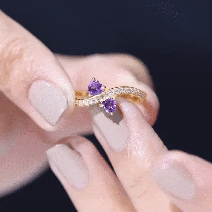3/4 CT Heart Shape Amethyst Two Stone Engagement Ring with Diamond