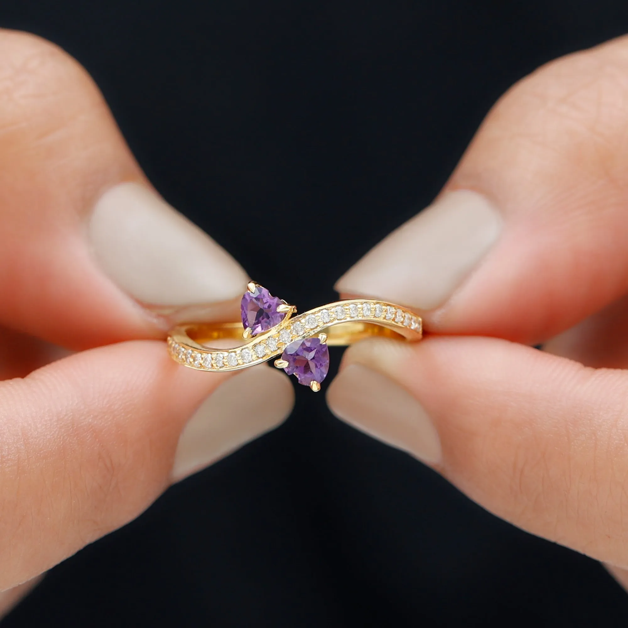 3/4 CT Heart Shape Amethyst Two Stone Engagement Ring with Diamond