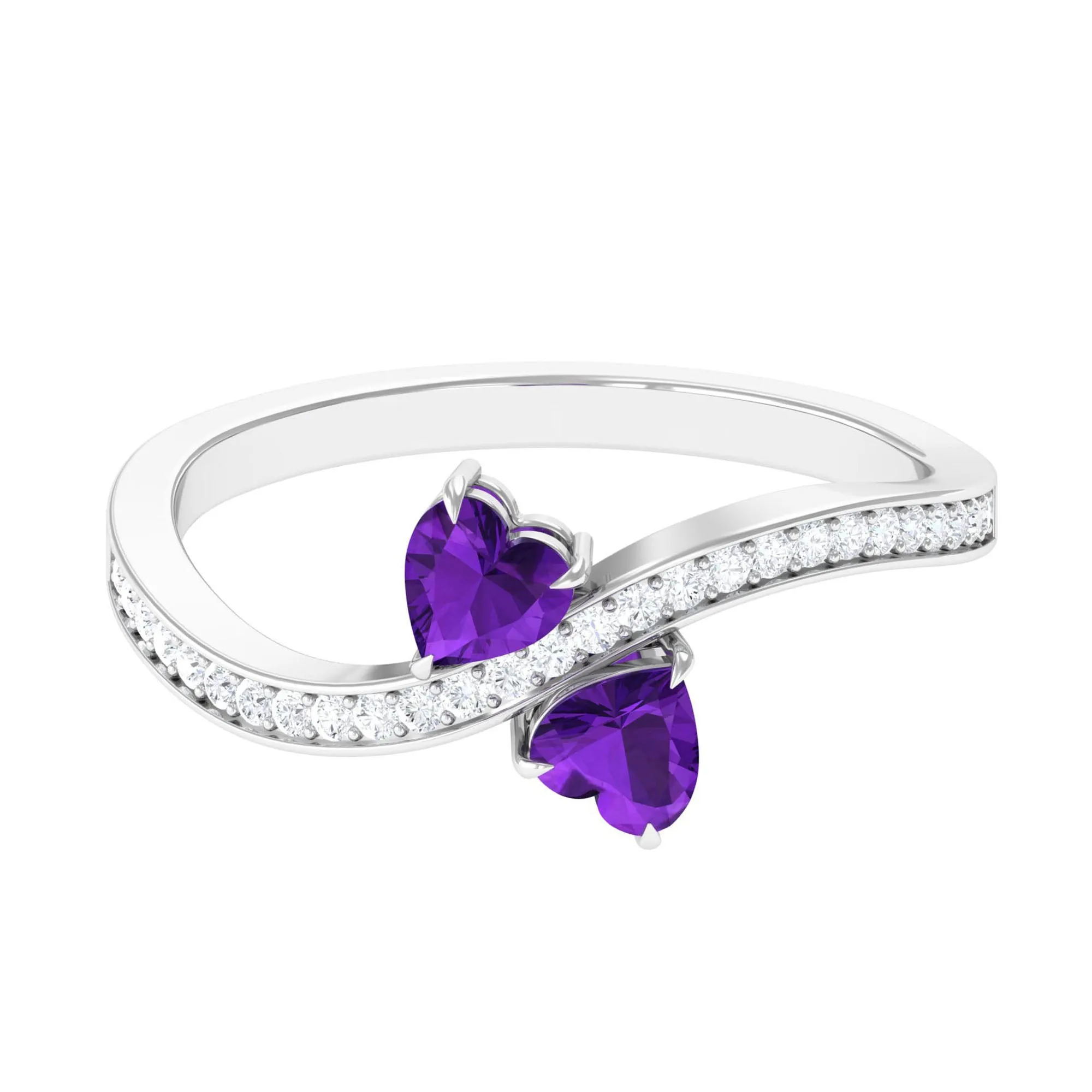 3/4 CT Heart Shape Amethyst Two Stone Engagement Ring with Diamond