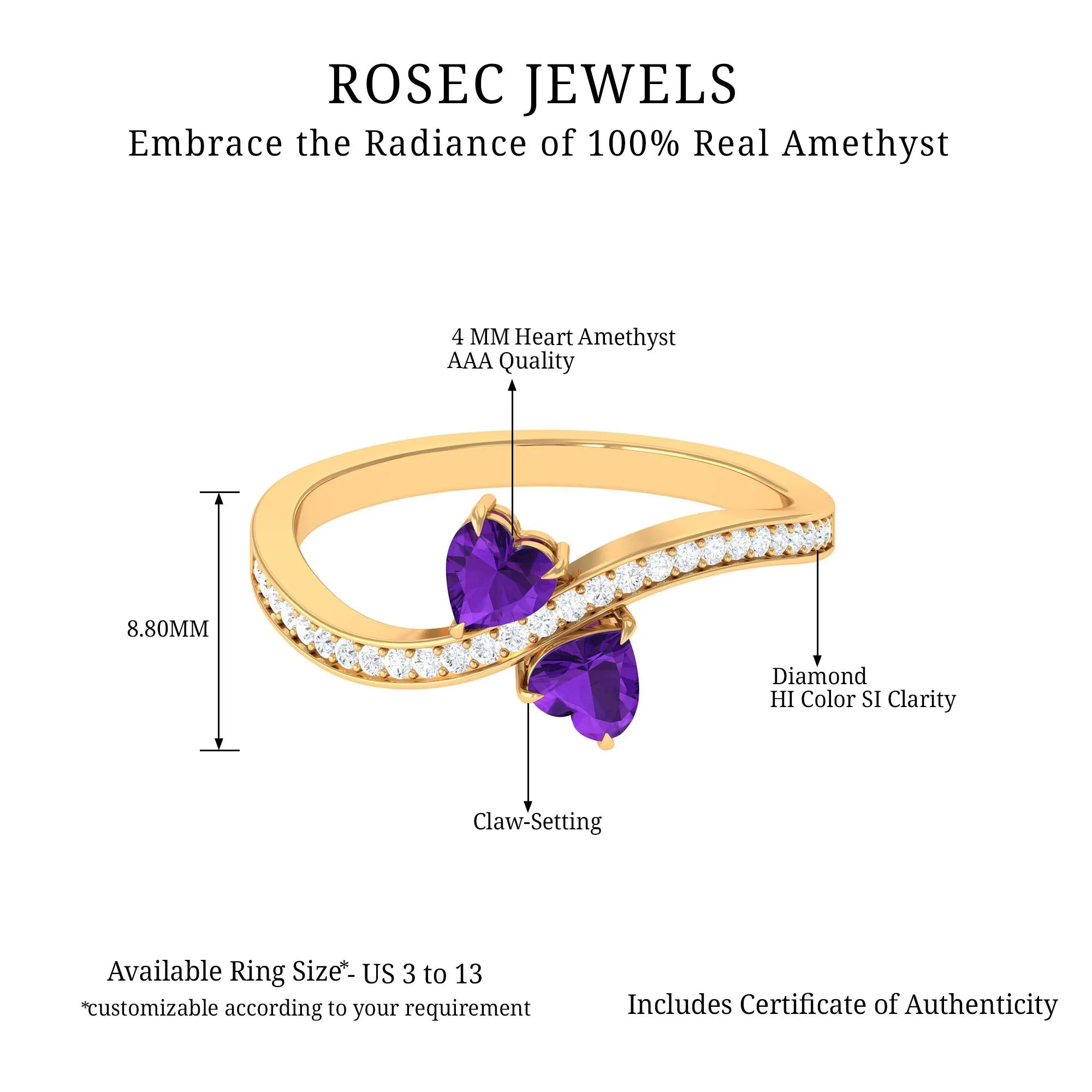 3/4 CT Heart Shape Amethyst Two Stone Engagement Ring with Diamond