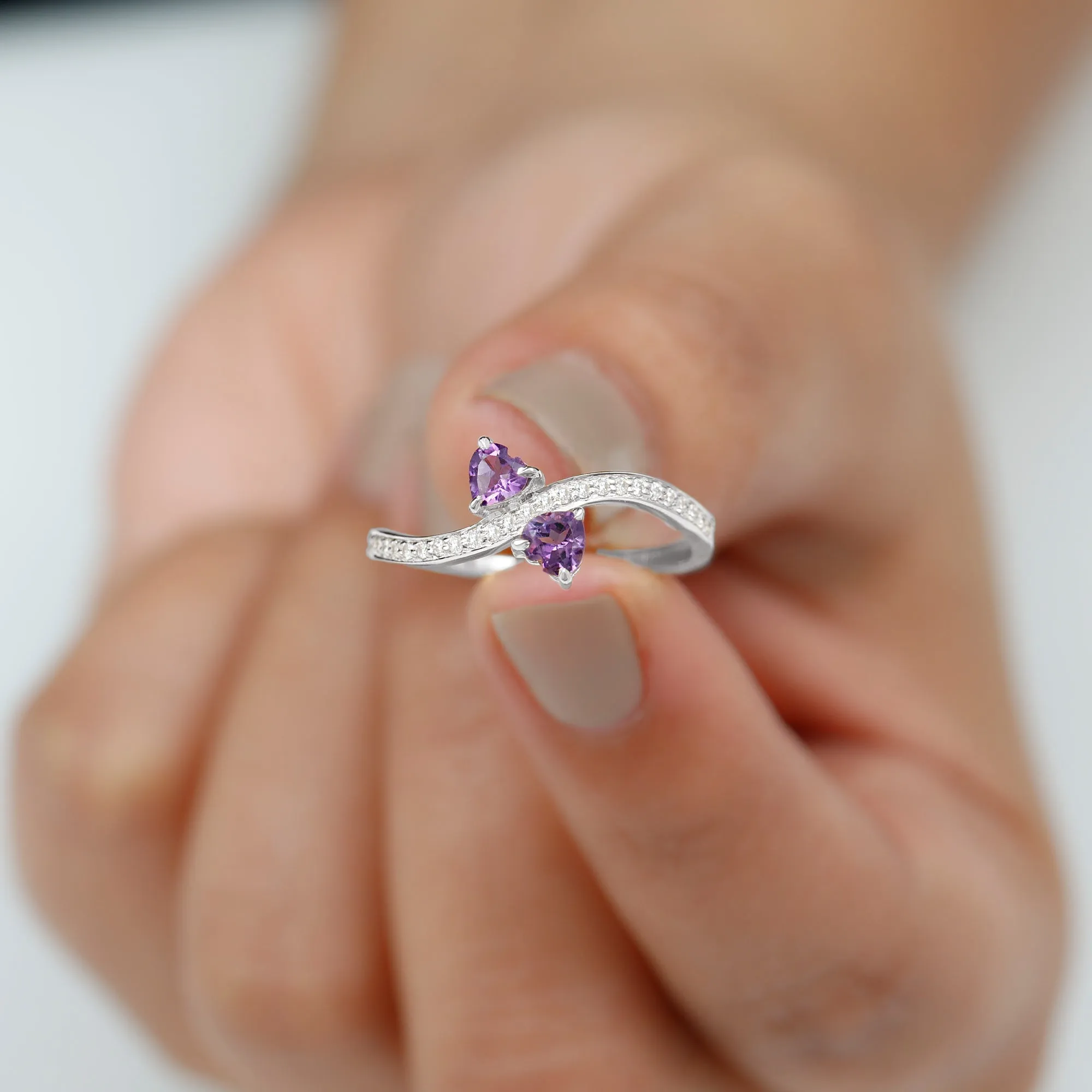 3/4 CT Heart Shape Amethyst Two Stone Engagement Ring with Diamond