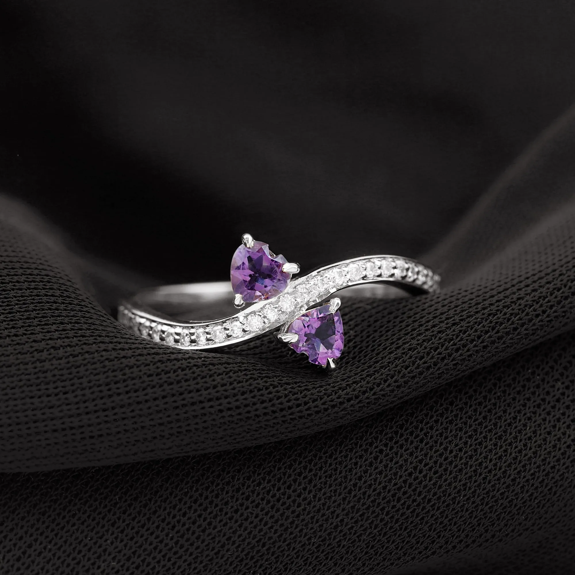 3/4 CT Heart Shape Amethyst Two Stone Engagement Ring with Diamond