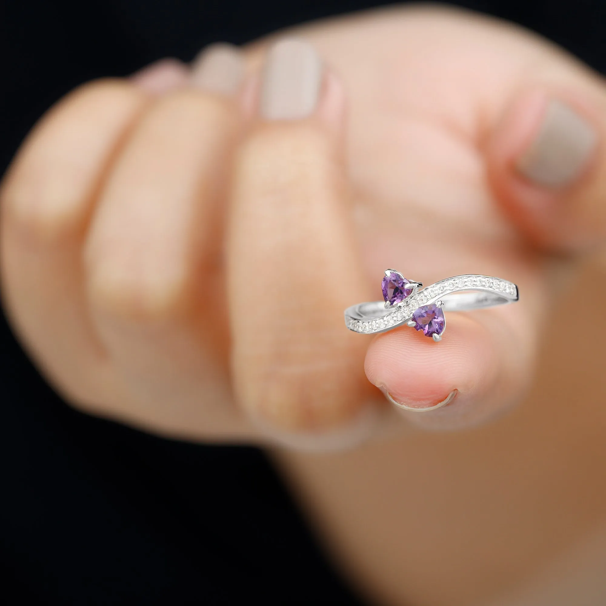 3/4 CT Heart Shape Amethyst Two Stone Engagement Ring with Diamond