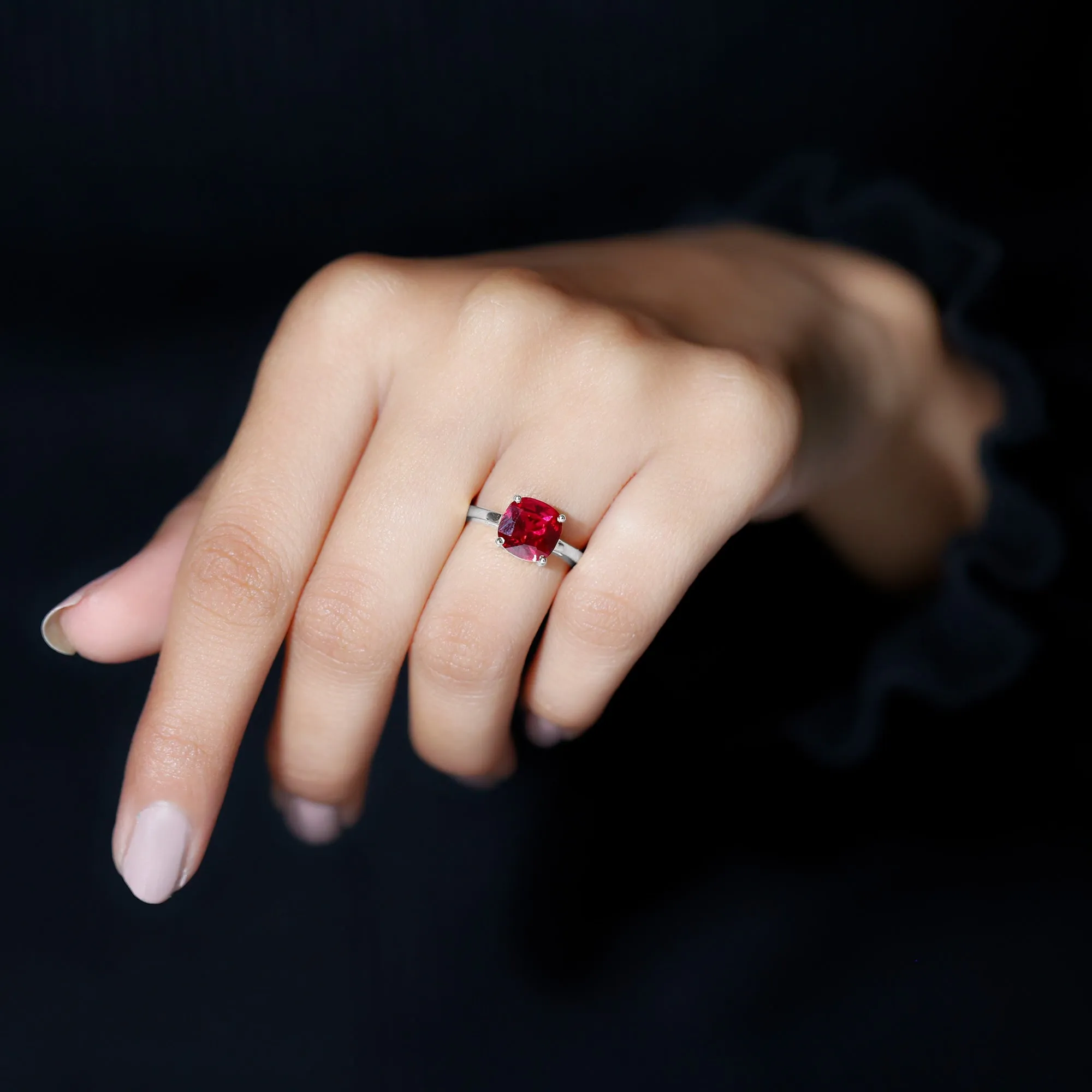 8 MM Cushion Cut Created Ruby Solitaire Ring